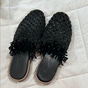 Free People Black Woven Fringe Slip-On Mules
